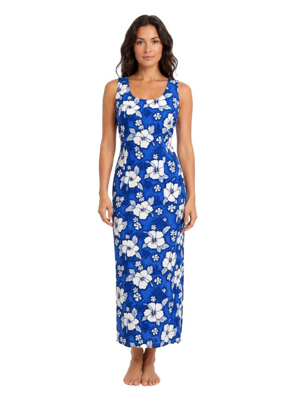Vintage Tien Yang Hawaii Blue Hibiscus Floral Maxi Dress Aloha Resortwear L